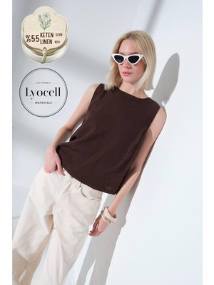 Maule Keten Lyocell Arkası Düğmeli, Bisiklet Yaka Dokuma Sıfır Kol Kadın Bluz @hera