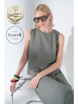 Maule Keten Lyocell Arkası Düğmeli, Bisiklet Yaka Dokuma Sıfır Kol Kadın Bluz @hera