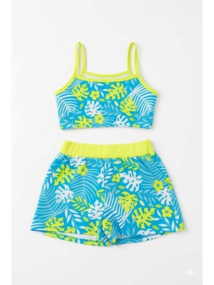 Beniizle Yaprak Desenli Baskılı Kız Çocuk Mayo Bikini Takım