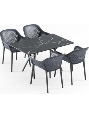 Tilia 4 Kişilik Masa Takımı Siyah (Ivy-L Masa Polipropilen Ayak Kompakt Tabla 77X120 cm + Atra Kollu Sandalye)