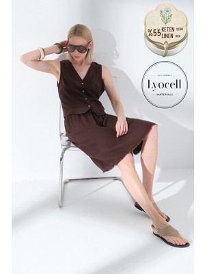 Maule Keten Lyocell Karışımlı Beli Bağcıklı Kesik Uç Detaylı Kadın Midi Etek @karla