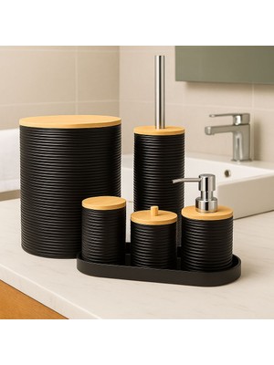 Genel Ahşap Kapaklı 5 Parça Modern Banyo Seti – Sıvı Sabunluk, Çöp Kovası, Fırçalık, Kulplu Saklama Kabı, Tepsi