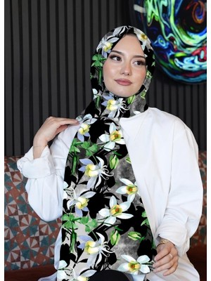Afvente Yapraklı Çiçek Desen Yeşil Soft Pamuk Şal