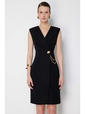 Ekol Zincir Detaylı Kruvaze Midi Elbise 6044