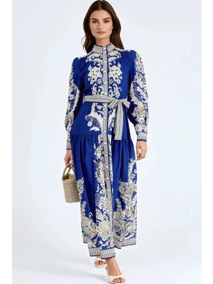 Hiccup Kadın Msn Hakim Yaka Kemerli Maxi Elbise Mavi