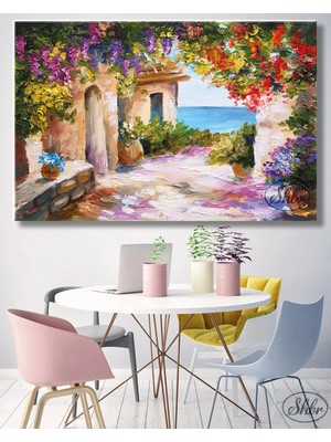 Şehzat Tekli Yatay Kanvas Tablo, Yağlı Boya Efektli, Taş Ev ve Deniz Manzarası , Dekoratif Duvar Tablosu