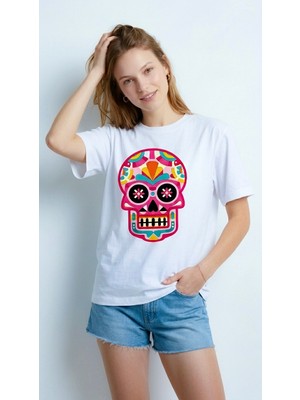 Hoxie Kadın Beyaz Renkli Meksika Kurukafası (Calavera) Baskılı Bisiklet Yaka Oversize Tişört
