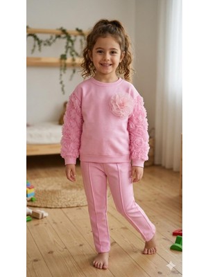 HaanBebe Kız Çocuk Pembe Gül Detaylı Sweatshirt ve Pantolon Ikili Takım - 3D Çiçek Nakışlı