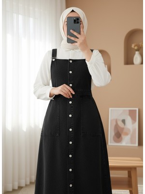 Modamorfo Boydan Düğmeli Çift Cepli Kot Salopet  -Siyah