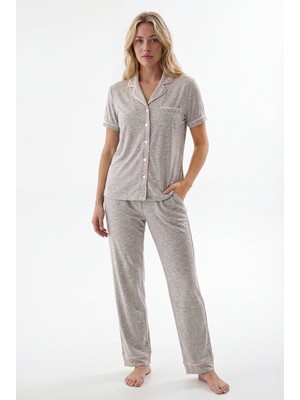 Nbb Gri Çizgi Detaylı Önden Düğmeli Pijama Takımı