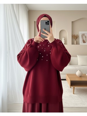 Modamorfo Incili Balıkçı Yaka Balon Kol Triko -Bordo