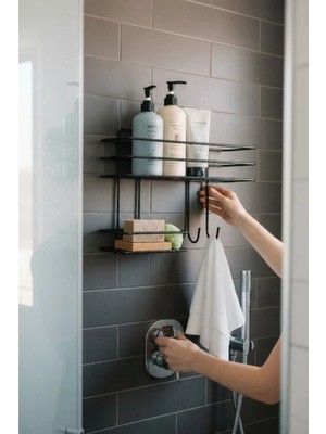 Atacı Siyah 1 Adet Tasarım Uzun Kancalı Sabunluklu Banyo Düzenleyici Raf