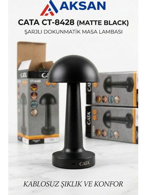 Cata CT-8428 Siyah Dokunmatik Şarjlı Masa Lambası 3 Renk Kablosuz Dekoratif Aydınlatma