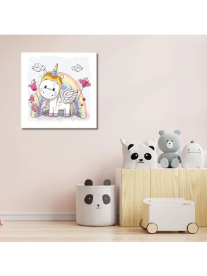 Şehzat Dekoratif Kare Kanvas Kız Çocuk Odası Gökkuşağı ve Unicorn Tablo
