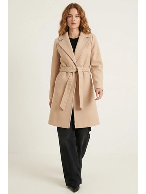 Hiccup Kadın Bdart Kemerli Midi Palto, Ceket Yakalı Bej Doğal