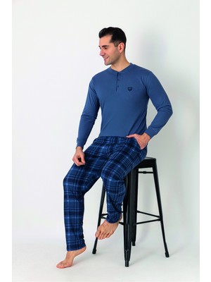 Estiva Erkek Kareli Alt Desenli Petrol Uzun Kollu Patlı Penye Pijama Takımı