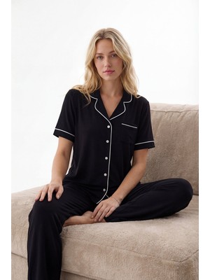 Nbb Siyah Çizgi Detaylı Önden Düğmeli Pijama Takımı