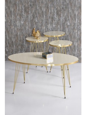 Gold Falez Modern Tasarımlı Elips Zigon Sehpa ve Orta Sehpa Set Gold Tel Krem 4 Parça