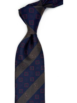 Kravatkolik Lacivert - Kahve Çizgi Desen Mendilli Klasik Kravat KK13692