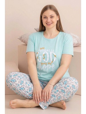 Farya Home Büyük Beden Pamuklu Desenli Anne Kalıp Kısa Kollu Pijama Takımı