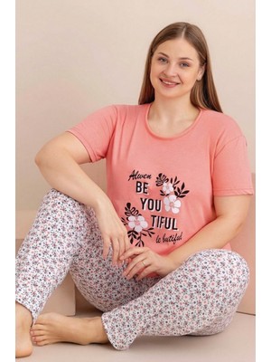 Farya Home Büyük Beden Pamuklu Desenli Anne Kalıp Kısa Kollu Pijama Takımı
