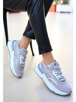 Erbilden Aleh Gri Cilt Bağcıklı Kadın Spor Ayakkabı 3 cm Topuk