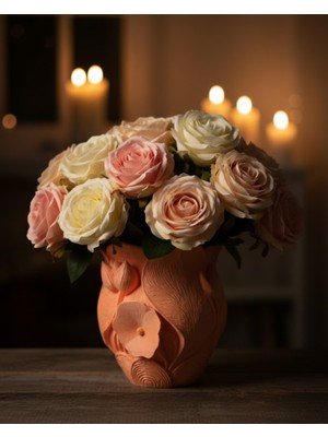 3D Kabartmalı Çiçek Motifli Turuncu Dekoratif Vazo - Lisinya