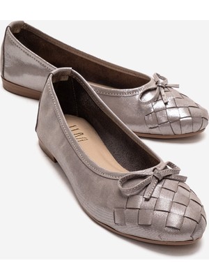 Luvi 03 Vizon Gri Simli Hakiki Deri Kadın Babet Ayakkabı