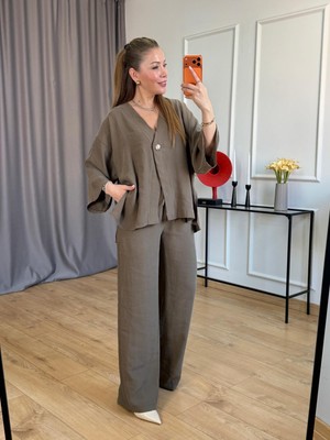 Size Özgü Haki Yan Yırtmaçlı Kimono Takım