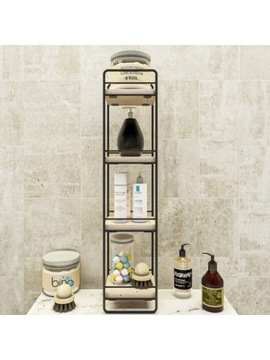 Bino Sofra Ahşap Doğal Lüks Metal Siyah 4 Katlı Mutfak Rafı Modern Tasarım ve Geniş Depolama