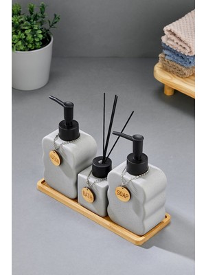 Cooker 3'lü 300 ml Seramik Bambu Standlı Banyo Seti CKR3883