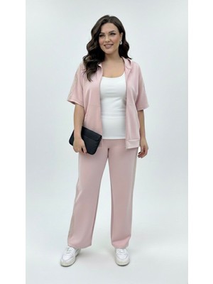 Koza Butik Kadın Büyük Beden Kısa Kollu Fermuarlı Kapüşonlu Dantel Detaylı Eşofman Takımı 8239-26