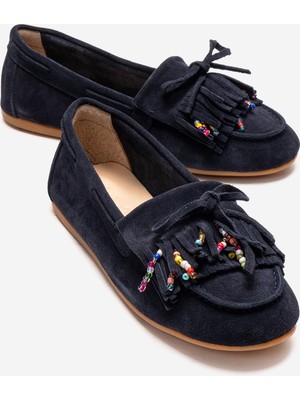 Luvi Evelyn Lacivert Süet Hakiki Deri Püsküllü Boncuklu Kadın Loafer Ayakkabı
