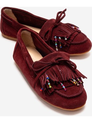 Luvi Evelyn Bordo Süet Hakiki Deri Püsküllü Boncuklu Kadın Loafer Ayakkabı