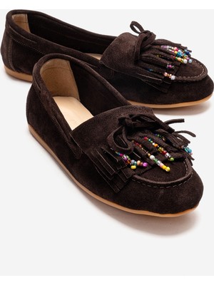 Luvi Evelyn Kahverengi Süet Hakiki Deri Püsküllü Boncuklu Kadın Loafer Ayakkabı