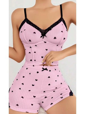 Timion Kadın Pembe Kalp Desenli Askılı Şortlu Pijama Takım 5013