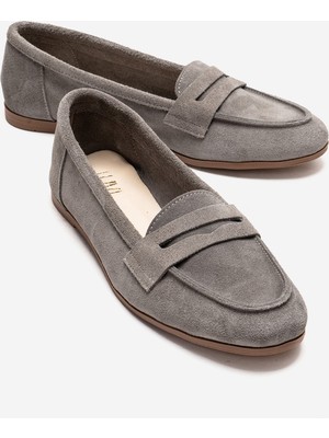 Luvi F02 Açık Gri Süet Hakiki Deri Kadın Loafer Ayakkabı