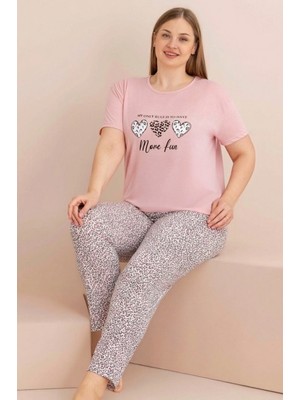 Farya Home Büyük Beden Pamuklu Desenli Anne Kalıp Kısa Kollu Pijama Takımı