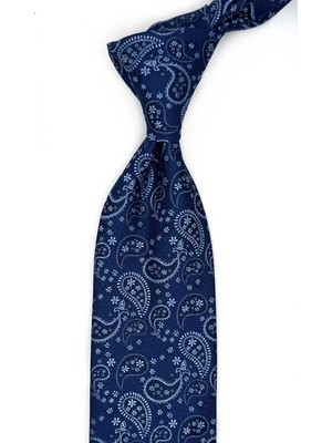 Kravatkolik Mavi - Lacivert Şal Desen Mendilli Klasik Kravat KK13522