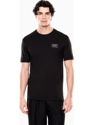 EA7 Erkek Normal Kalıp Viskoz Karışımlı Kumaş Yuvarlak Yakalı Logo Etiketli Kısa Kollu Siyah T-Shirt 7M001331 AF13739-UC001