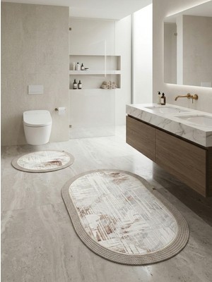 Melena Carpet Premium Kaymaz Taban Banyo Paspası Jüt Kenar Detaylı Oval Yuvarlak Set 100X60-60X60