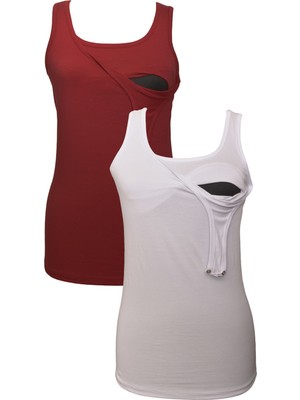 Luvmabelly Myra1503_1505 Emzirme Atlet Seti %98 Pamuklu Bordo ve Beyaz Renkli Kadın Atletler