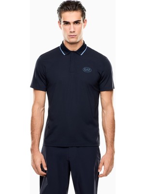 EA7 Erkek Vücut Sıcaklığını Sabit Tutan Kumaş Dar Kalıp Logo Desenli Kısa Kollu Lacivert Polo Yaka T-Shirt 7M001288 AF13520-UB102