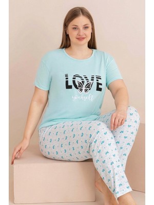 Farya Home Büyük Beden Pamuklu Desenli Anne Kalıp Kısa Kollu Pijama Takımı