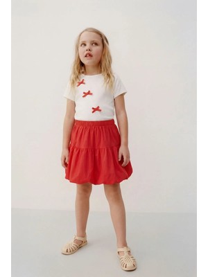 Magu Kız Çocuk Pamuklu Ekru Kırmızı Fiyonk Detaylı Tişört Etek Takım - Ikili Şık Kombin
