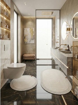 Melena Carpet Premium Kaymaz Taban Banyo Paspası Jüt Kenar Detaylı Oval Yuvarlak Set 100X60-60X60