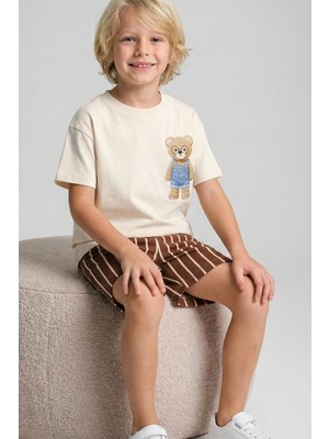 Monila Erkek Çocuk Pamuklu Ayıcık Baskılı T-Shirt ve Çizgili Şort Alt Üst Takım