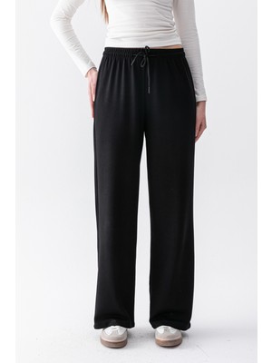 Warasiva Kadın Siyah Modal Kumaş Yumuşak Dokulu Geniş Kesim Eşofman Altı