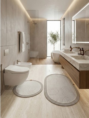 Melena Carpet Premium Kaymaz Taban Banyo Paspası Jüt Kenar Detaylı Oval Yuvarlak Set 100X60-60X60