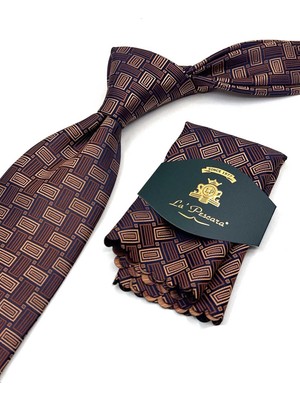 Kravatkolik Bakır - Kahverengi Motif Desen Mendilli Klasik Kravat KK13643